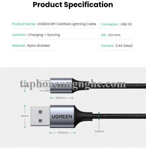 Ugreen 60154 0.25M màu đen cáp MFI USB 2.0 A ra Lightning đầu bọc nhôm mạ nickel chống nhiễu 25cm US291 30060154